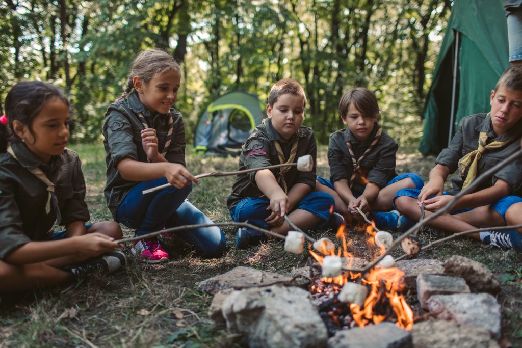 Cub Scouts and Girl Scouts roasting marshmallows around a fire